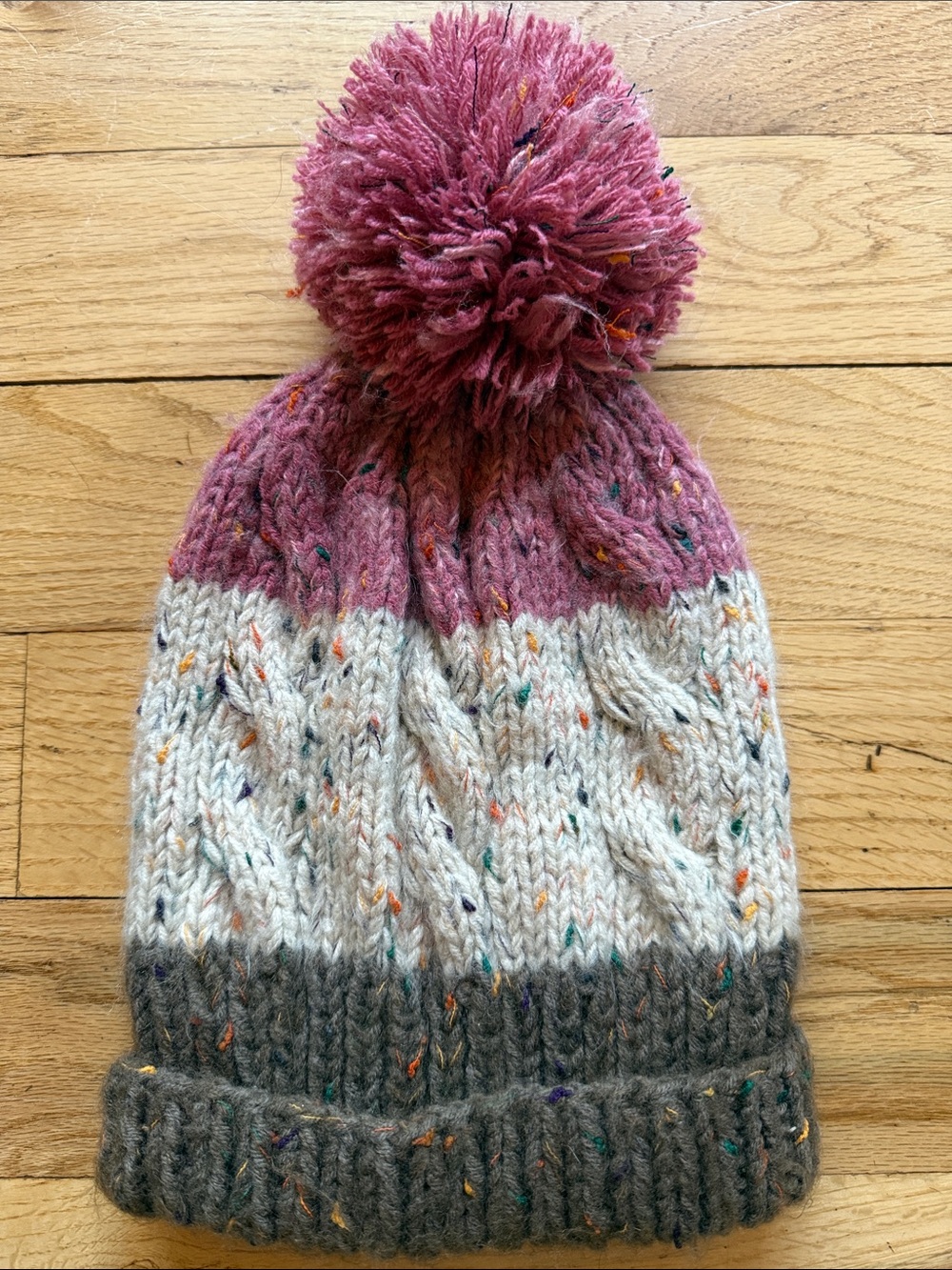 Pom-Pom Knit Hat in Pink, Cream & Gray